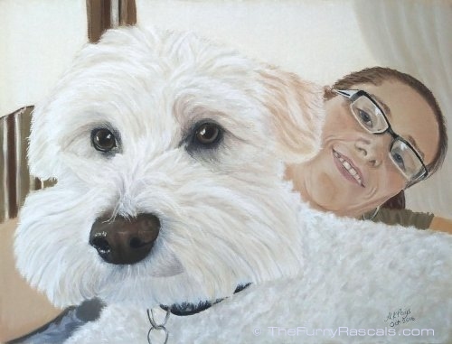 Woman and her Dog, White Terrier in soft pastels, portrait Painting - The Furry Rascals, Cyprus